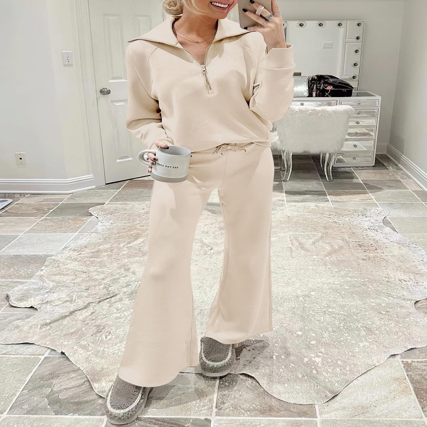 Long-sleeve Zipper Sweatshirt Wide Leg Pants Two-piece Set