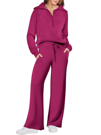 Long-sleeve Zipper Sweatshirt Wide Leg Pants Two-piece Set