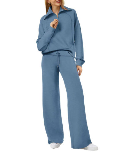 Long-sleeve Zipper Sweatshirt Wide Leg Pants Two-piece Set