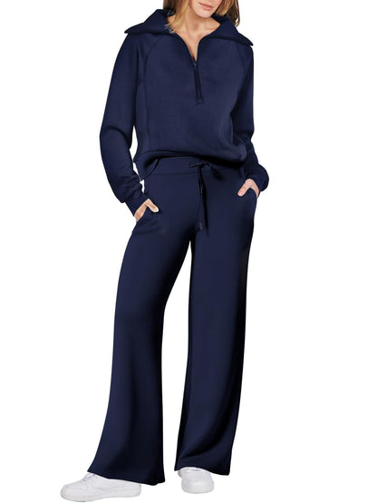 Long-sleeve Zipper Sweatshirt Wide Leg Pants Two-piece Set
