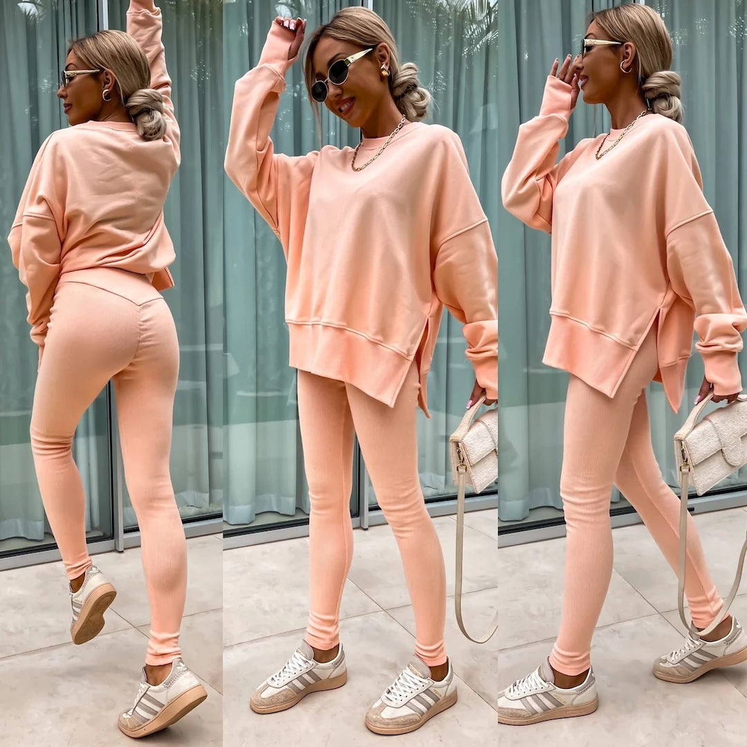 Long Sleeve Crew Neck Split Top Tight Trousers