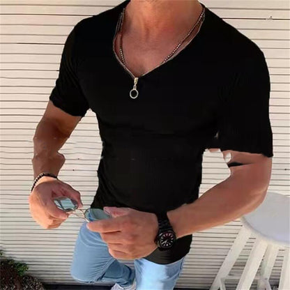 Men's Slim Fit Versatile Zipper Special Decoration Small Sunken Stripe V-neck Muscle Man Short Sleeved T-shirt