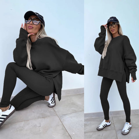 Long Sleeve Crew Neck Split Top Tight Trousers