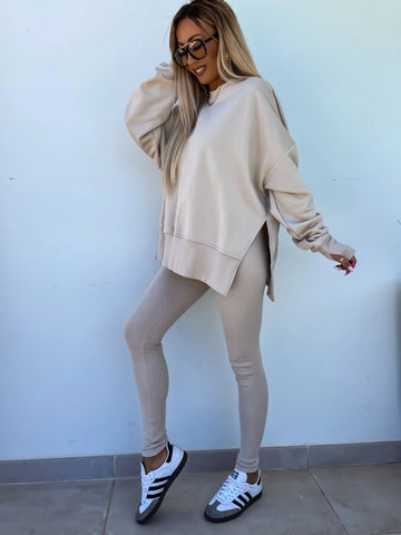 Long Sleeve Crew Neck Split Top Tight Trousers