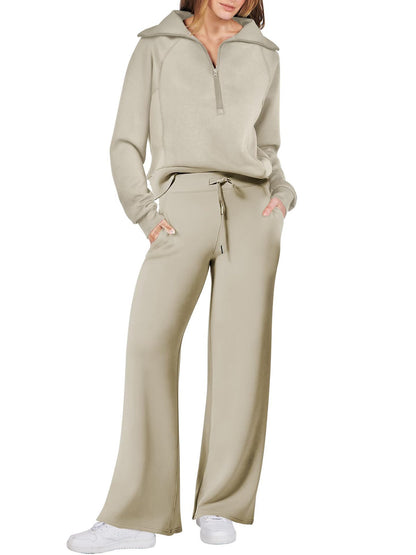 Long-sleeve Zipper Sweatshirt Wide Leg Pants Two-piece Set