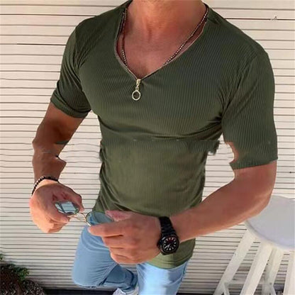Men's Slim Fit Versatile Zipper Special Decoration Small Sunken Stripe V-neck Muscle Man Short Sleeved T-shirt