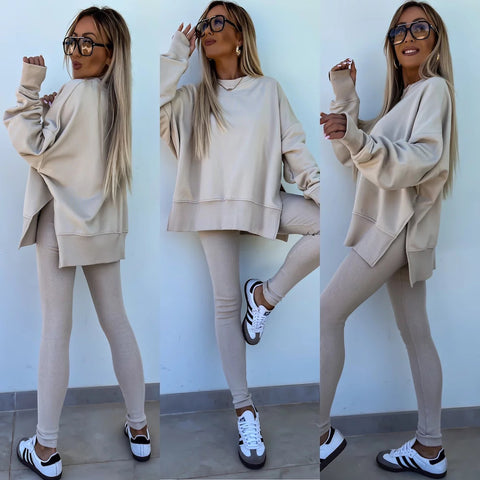Long Sleeve Crew Neck Split Top Tight Trousers