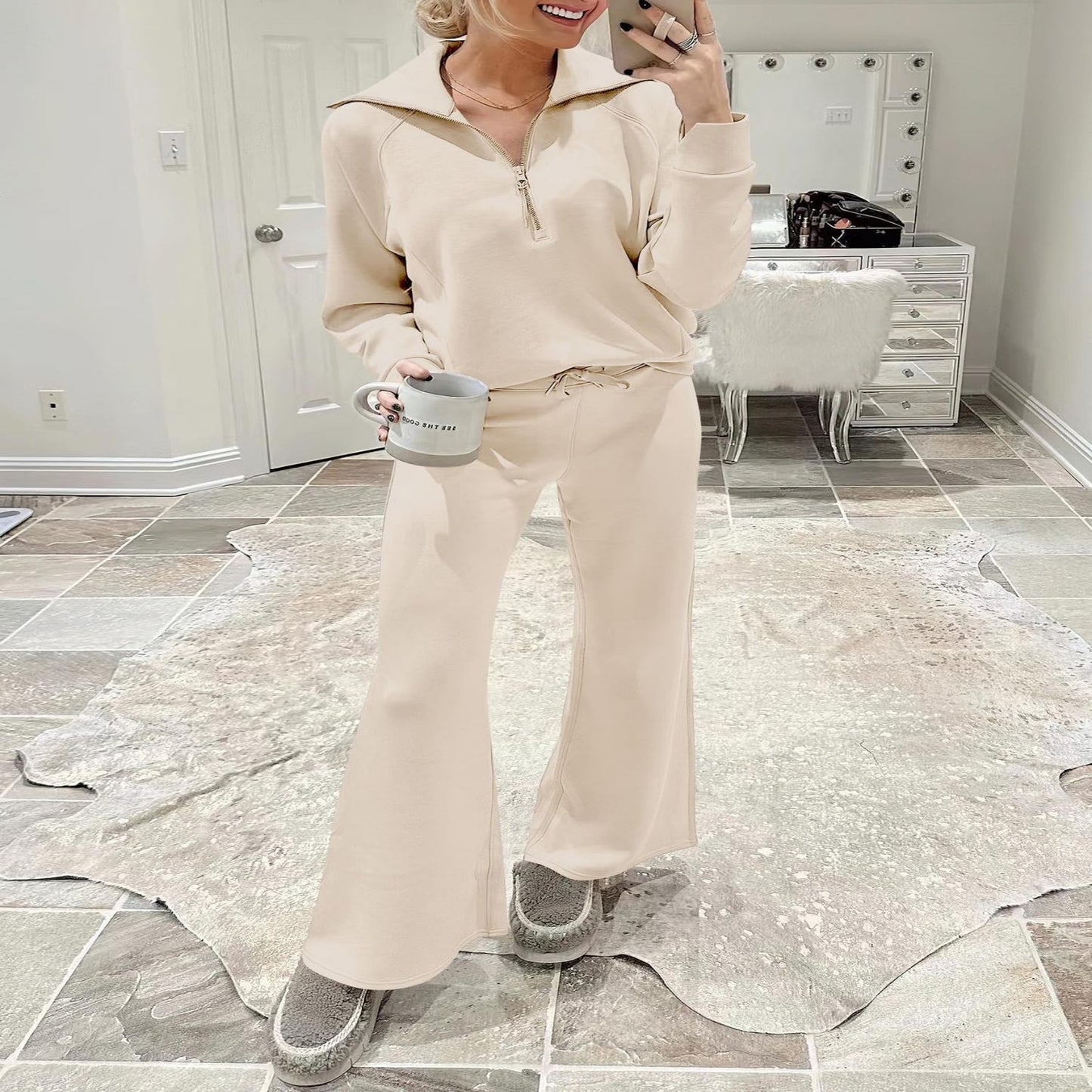 Long-sleeve Zipper Sweatshirt Wide Leg Pants Two-piece Set