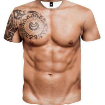 Muscle Tattoo Print 3D T-Shirt Round Neck Funy Sexy Clothing For Men