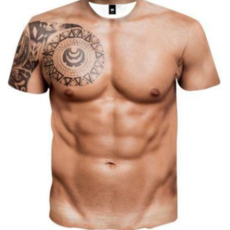 Muscle Tattoo Print 3D T-Shirt Round Neck Funy Sexy Clothing For Men