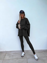 Long Sleeve Crew Neck Split Top Tight Trousers