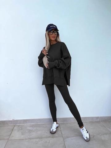 Long Sleeve Crew Neck Split Top Tight Trousers