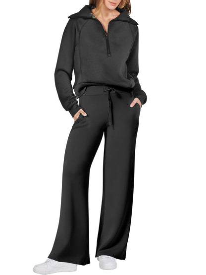 Long-sleeve Zipper Sweatshirt Wide Leg Pants Two-piece Set