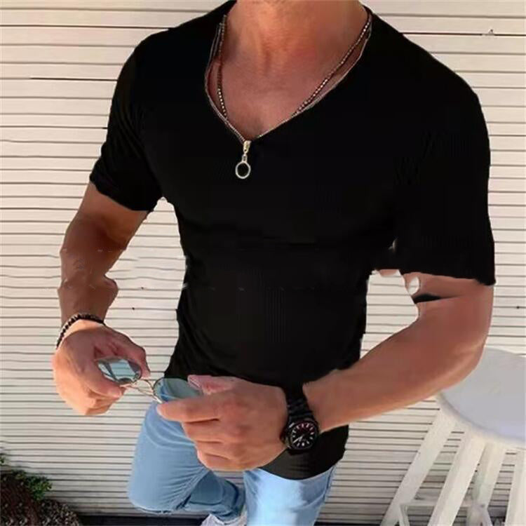 Men's Slim Fit Versatile Zipper Special Decoration Small Sunken Stripe V-neck Muscle Man Short Sleeved T-shirt
