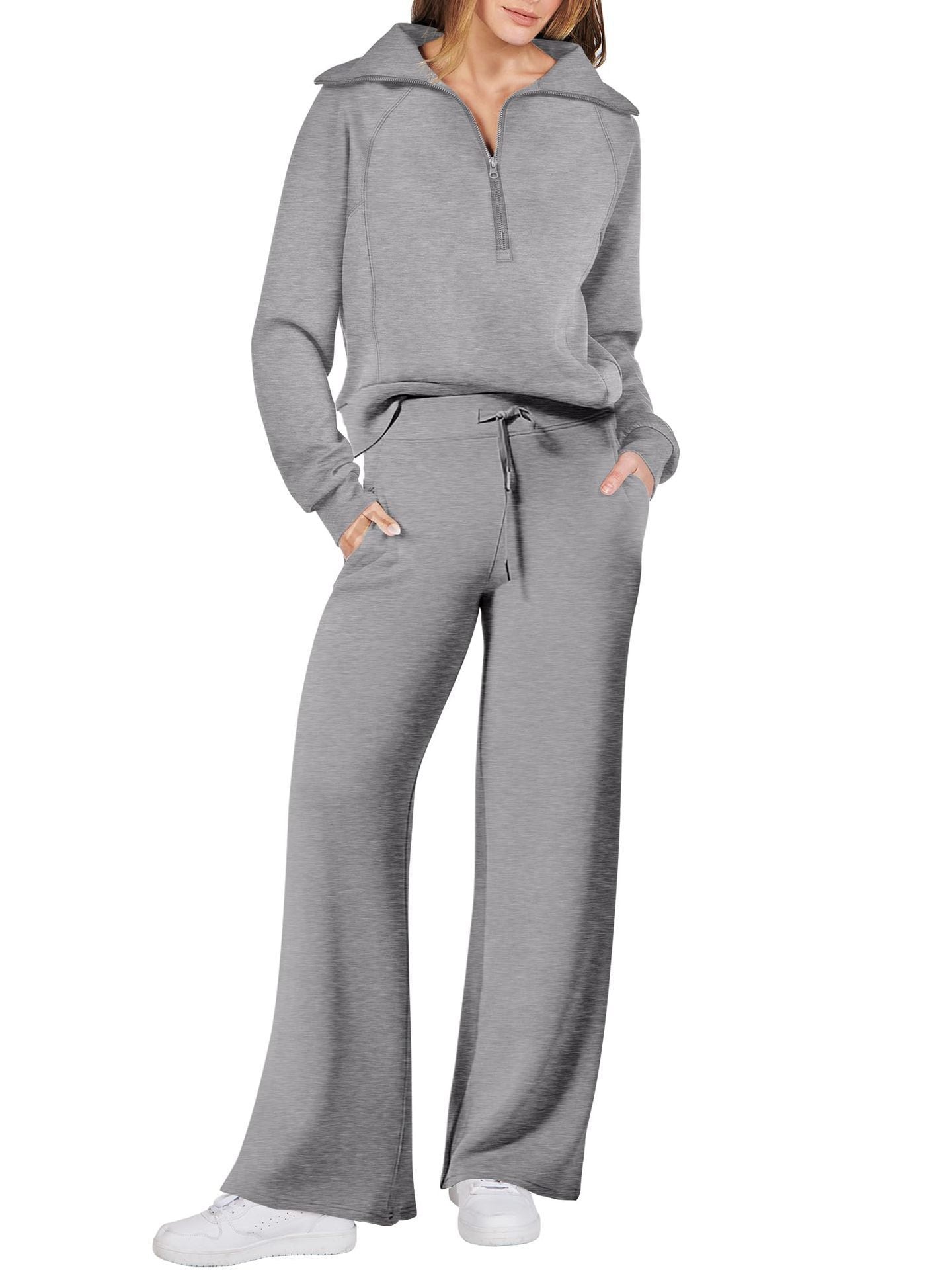 Long-sleeve Zipper Sweatshirt Wide Leg Pants Two-piece Set