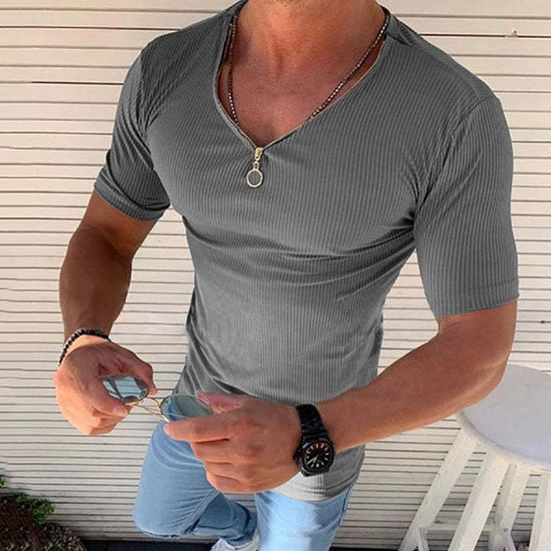 Men's Slim Fit Versatile Zipper Special Decoration Small Sunken Stripe V-neck Muscle Man Short Sleeved T-shirt