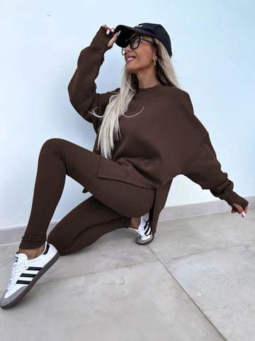 Long Sleeve Crew Neck Split Top Tight Trousers